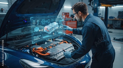 Automotive Engineer Inspecting Electric Car Battery: A focused automotive engineer, wearing a blue jumpsuit and glasses, examines the intricate details of an electric car's battery system.