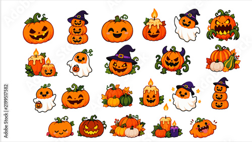 Halloween Pumpkin Vector Sheet Featuring Carved Jack O Lanterns, Pumpkin Candles, Ghosts, Monsters and Decorative Pumpkins.ai