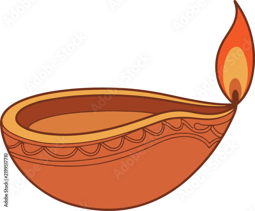 Traditional decorative clay diya oil lamp with bright burning flame illustration