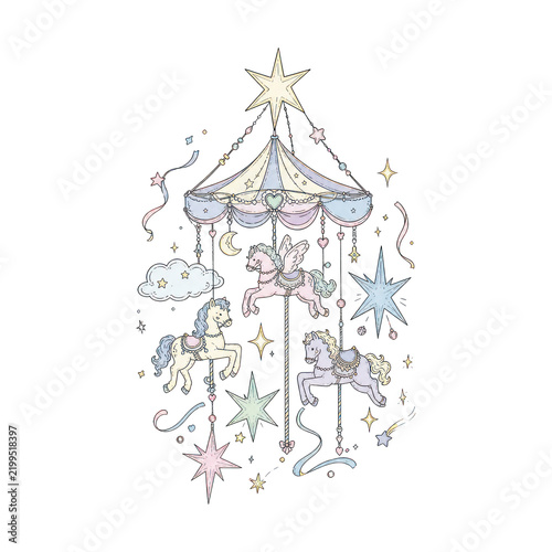 Whimsical carousel with pastel horses and stars, PNG on transparent background.