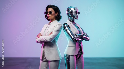 Human and Robot Collaboration: A stylish businesswoman stands back-to-back with a sophisticated robot, both exuding confidence and readiness for the future of technology.