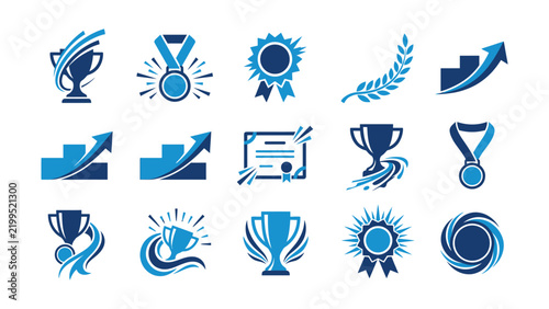 Set of colorful achievement award icons with transparent background for presentations