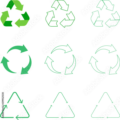 Set of green recycling symbols, ecofriendly icons, vector illustration of various recycle signs isolated on white background