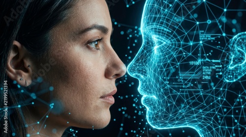 Human and AI Collaboration: A striking close-up shows a woman's face in profile, looking intently at a glowing, futuristic digital representation of a human head.