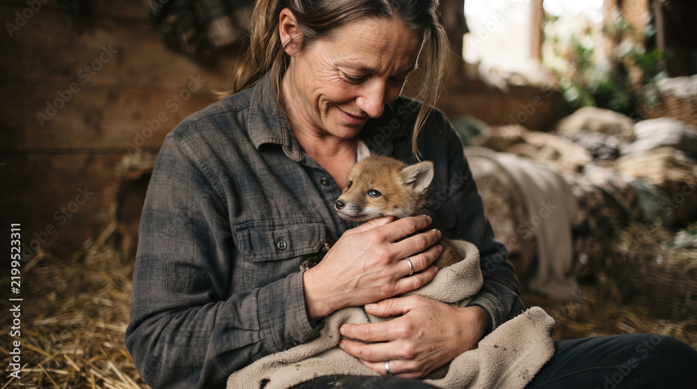 Obraz premium Woman cradling adorable fox cub wrapped in blanket in rustic barn
