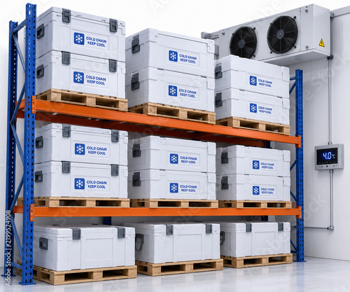 Stacked cold-chain parcels inside a refrigerated logistics storage area