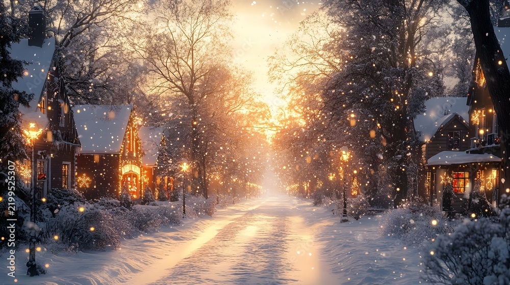 Fototapeta premium Winter Sunset in the City Park with Snow Covered Trees, Frosty Path and Cold Evening Landscape Under a Blue Sky, Peaceful Seasonal Nature Scenery