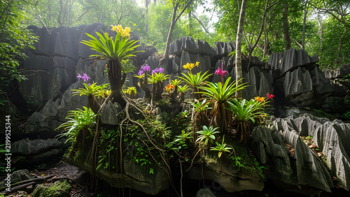 TropicalOrchidsGrowingOnRockyTerrainInForest.