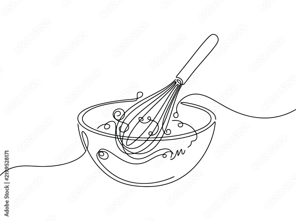Obraz premium A single continuous line drawing of a whisk mixing batter in a bowl showing a clean and simple cooking process