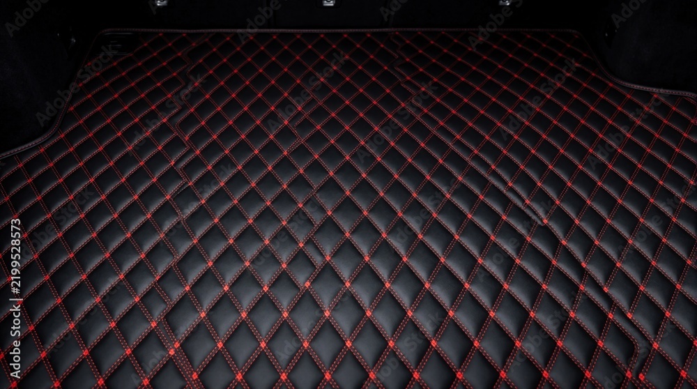 Obraz premium Quilted black leather trunk liner with red stitching installed in modern car cargo area. Provides stylish protective floor for automotive interior.