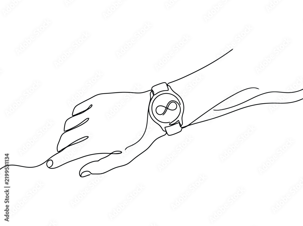 Obraz premium A minimalist line drawing of a hand wearing a watch with an infinity symbol while showing the concept of eternity