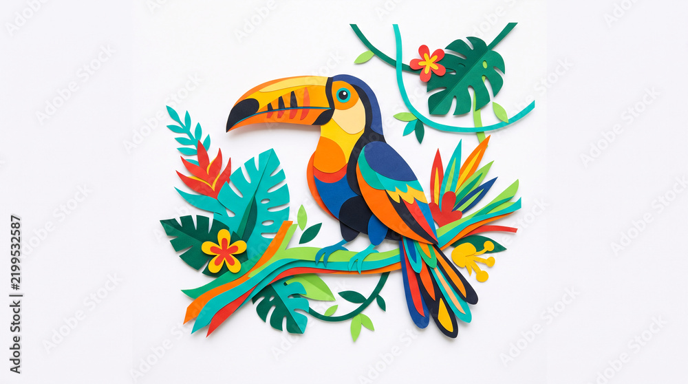 Obraz premium Colorful toucan bird made of paper sitting on branch with tropical leaves