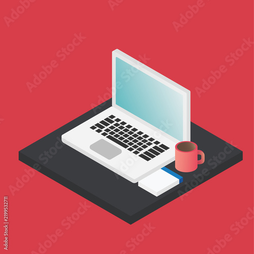 Flat isometric icon of laptop workspace with coffee mug