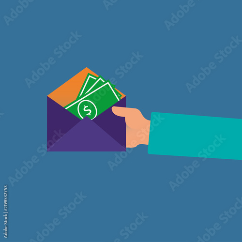 Flat vector illustration of hand holding envelope with cash