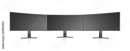 Triple computer monitor setup product render on white background