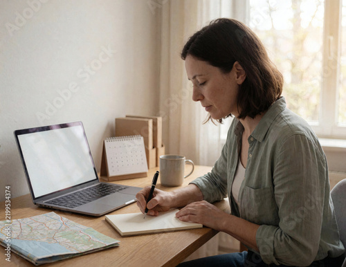 Woman planning finances in home office with laptop and map