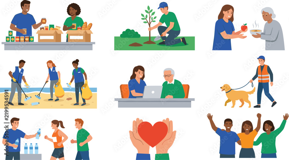 Fototapeta premium Community service and volunteering illustration set with charity, teamwork, and social responsibility themes
