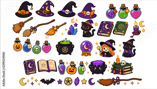 Cute Witch Halloween Vector Sticker Sheet with Witch Hats, Broomsticks, Magic Potions, Cauldrons, Spell Books, Crystal Balls and Magical Stars