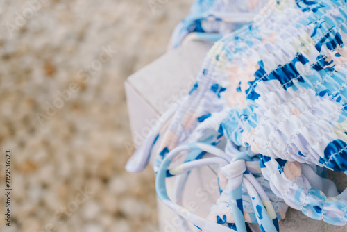 Картината върху платно Blue floral bikini, summer swimwear, vacation clothing, feminine attire, beach f