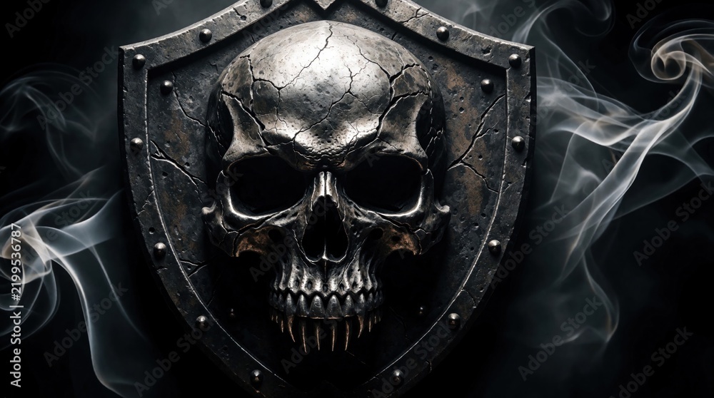 Obraz premium Cracked metal shield displays a skull emblem with smoky wisps swirling around. Symbolizes war death danger and dark fantasy themes for games or movies.