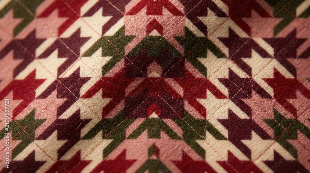 Naklejka premium Close up of quilted fabric with red and green houndstooth pattern