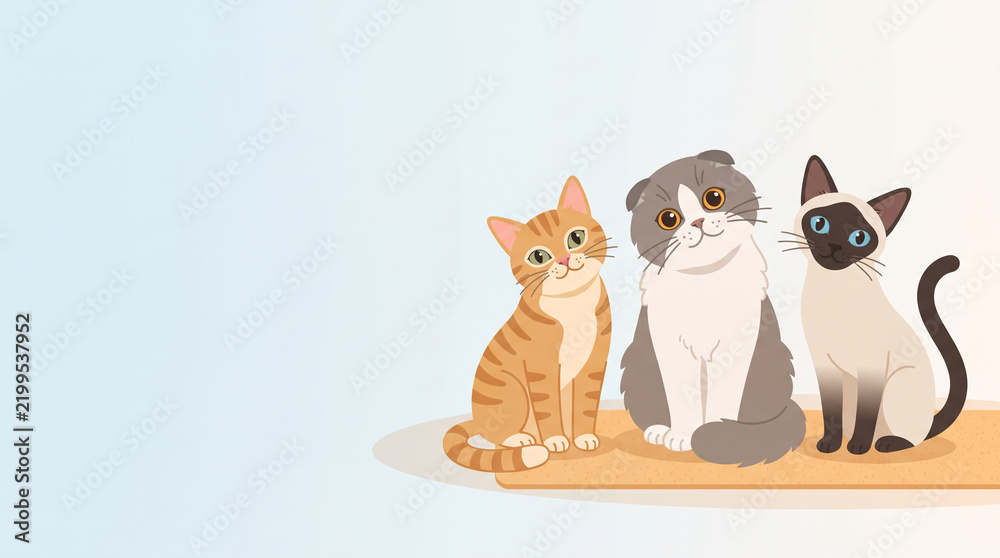 Fototapeta premium Three cute cats sitting together on a textured surface, playful and adorable