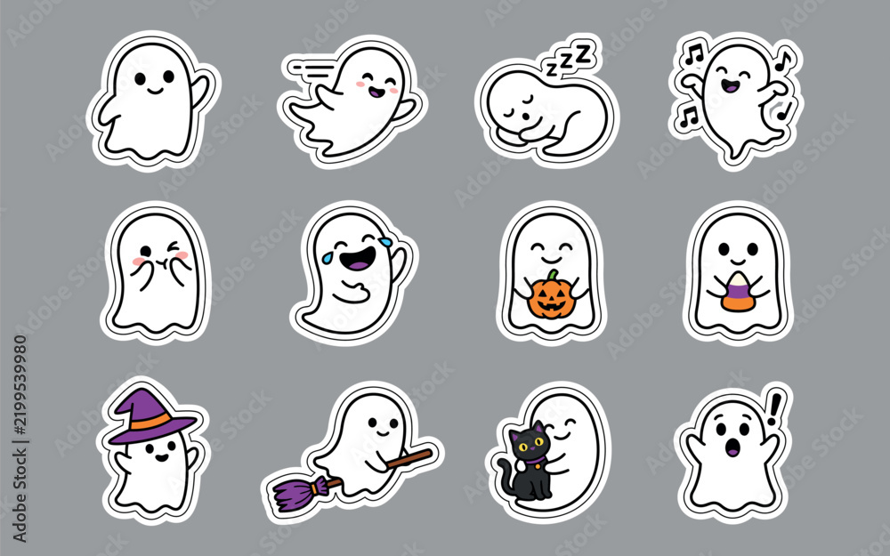 Fototapeta premium Cute cartoon ghosts with various fun expressions and activities Vector