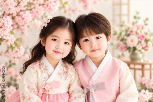 추석 명절 한복 입은 귀여운 남매 아이들, 분홍 꽃 배경 한복 남매 설날 기념사진