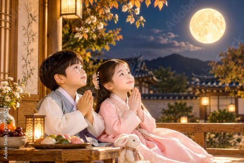 추석 명절 한복 입고 보름달 보는 귀여운 남매 아이들, 보름달 보며 소원 비는 한복 남매 추석 밤