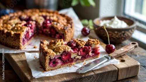 Danish cuisine, the dish Kirsebærkage (Danish Cherry Cake) — a cut piece of juicy cherry pie with shortbread crumble on a wooden board.