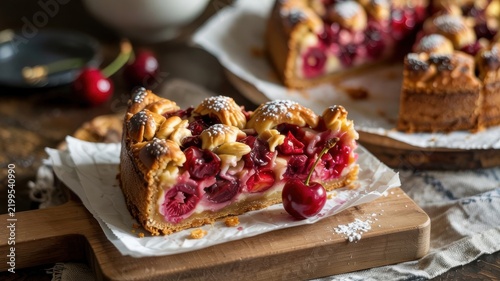 Danish cuisine, the dish Kirsebærkage (Danish Cherry Cake) — a cut piece of juicy cherry pie with shortbread crumble on a wooden board.