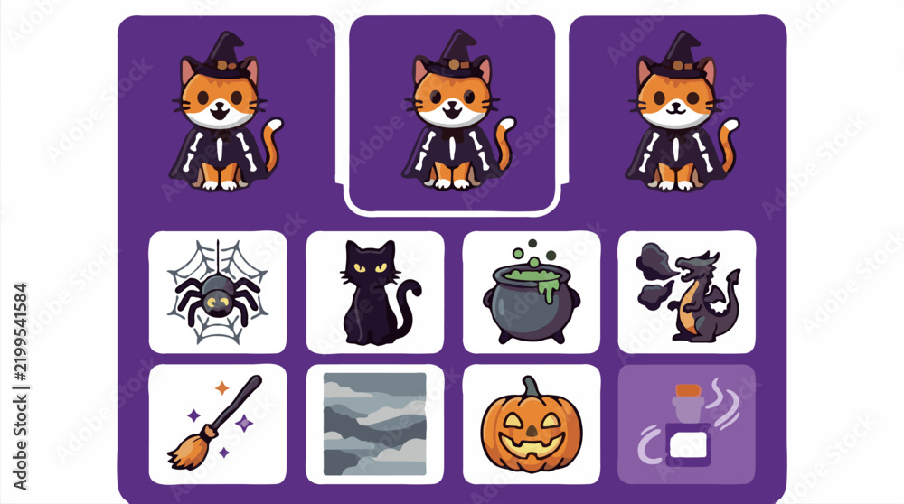 Obraz premium Cute Halloween icon set with cat, spider, cauldron, dragon, pumpkin, broom, and potion