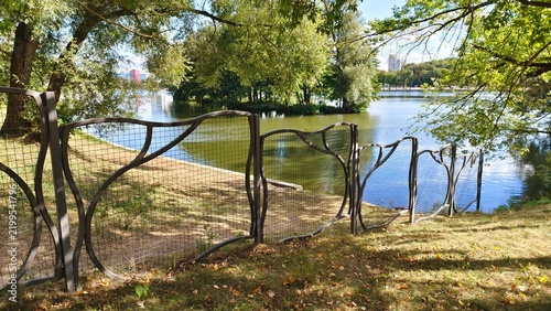 фотографія Trees grow on the grass-covered riverbank, which is strewn with fallen leaves