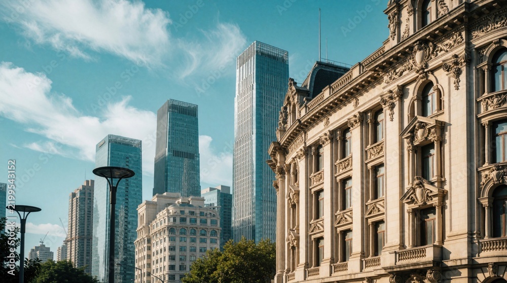 Obraz premium Old classical building facade stands against modern skyscrapers. Urban cityscape features historic architecture, tall glass towers under blue sky. Contrast between old, new city structures creates