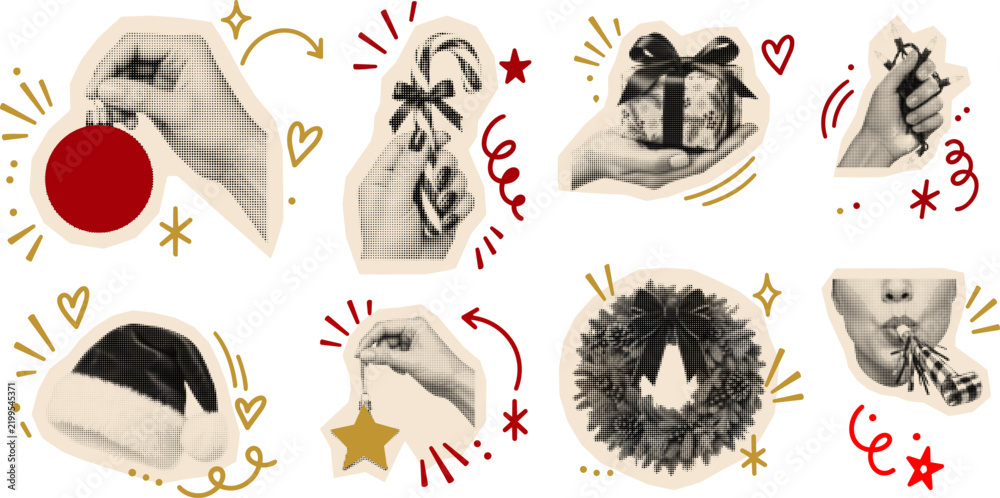 Obraz premium Halftone collage with hand imagery, wrapped christmas gift and doodle symbols