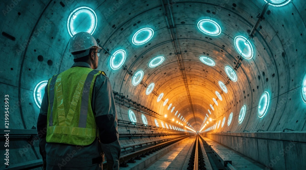 Fototapeta premium Engineer in hard hat and vest inspects modern subway tunnel construction. Futuristic glowing lights illuminate concrete tube and train tracks. City underground transit infrastructure development.
