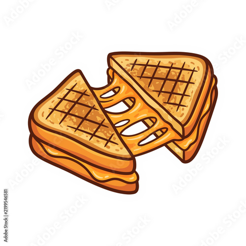 Two grilled cheese sandwiches with molten cheese oozing out, creating a delightful food presentation.
