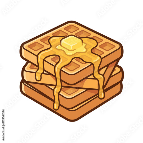 Square waffles stacked high and topped with a cube of butter and flowing syrup.