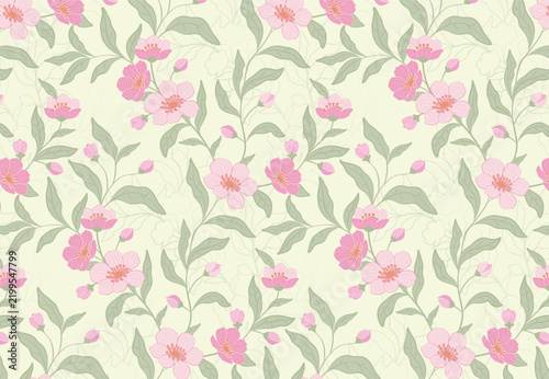 Vintage botanical seamless pattern with soft pink wildflowers, sage green leaves and delicate line art on cream background. Floral repeat for wallpaper, fabric, textile, wrapping paper and home decor.