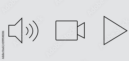 Minimal Multimedia Line Icons Set with Volume, Video Camera and Play Button