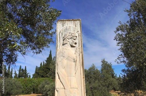 Modern copy of an ancient grave marker, or funerary stele, of a Greek hoplite killed in the famous battle of 490 BCE, in Marathon, Greece