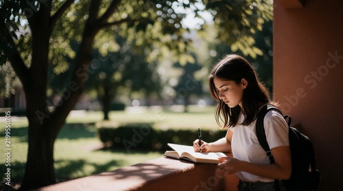 Young woman writing in notebook outdoors