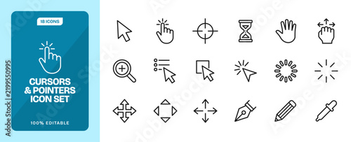 Cursors and pointers editable line icon set featuring arrow, hand, crosshair, hourglass, zoom, loading spinner, pen, and eyedropper tool