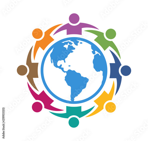 Global community of colorful abstract people holding hands around the earth vector