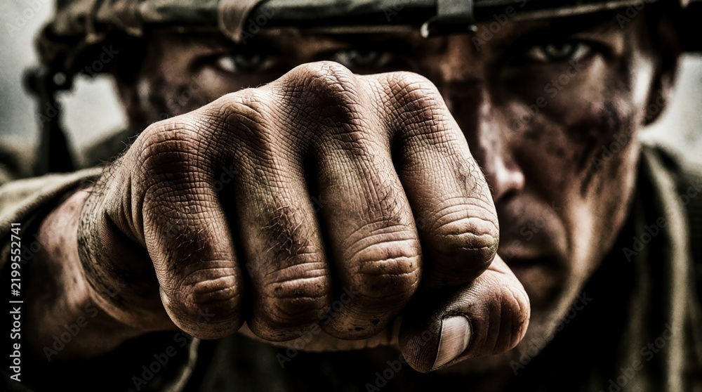 Obraz premium Soldier with muddy face and fist advances toward camera. Warrior prepares for battle, hand clenched, eyes focused intensely on viewer. Military combat concept.