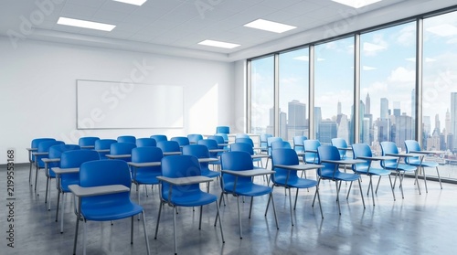 Empty presentation room in a fancy office featuring blue chairs and a New York city view.