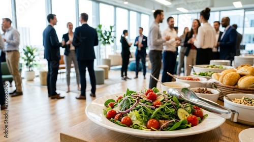 Employees enjoying a healthy lunch break with fresh salads and tomatoes at a business meeting.