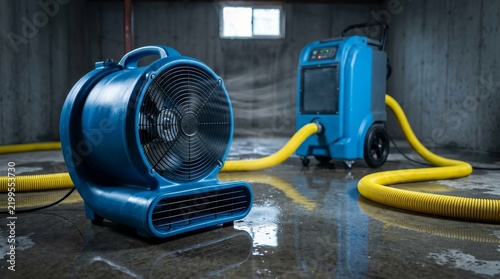 Water damage restoration equipment used for flood cleanup process indoors.