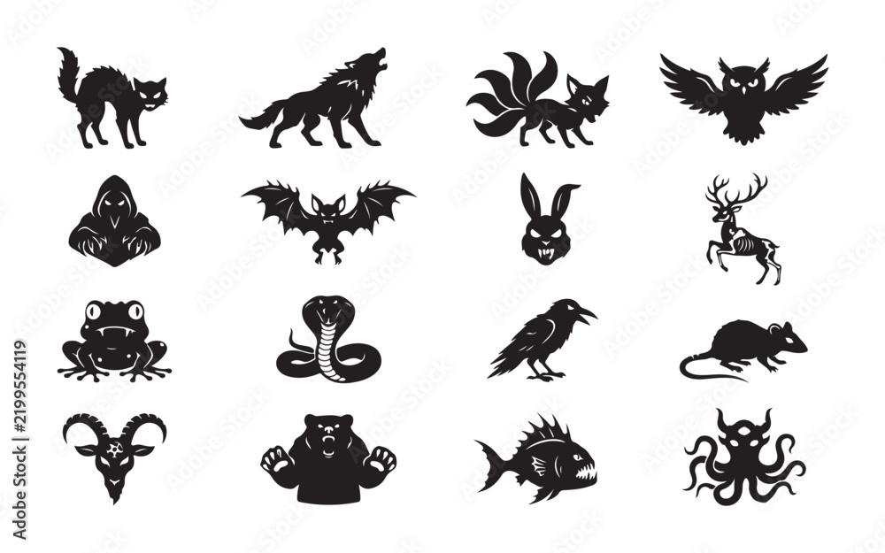 Obraz premium Spooky animal silhouette icons set in black color for Halloween decoration and wildlife graphic.