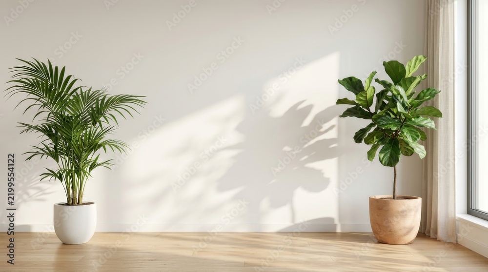 Fototapeta premium Professional remote work background featuring indoor plants, wooden floor, and soft sunlight.